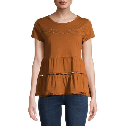Derek Heart Juniors Babydoll Tiered Pullover Top LARGE Rusty Brown/Orange NWT