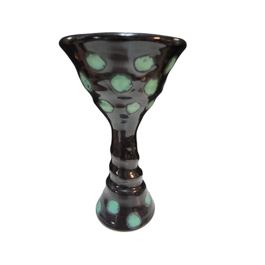 Art Pottery Challis Tall black spotted Artist Signed goblet cup tall blue WHIMSY
