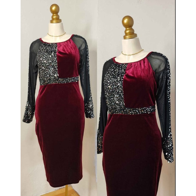Burgundy and black velvet sheer glitzy cocktail wiggle Size XL dress