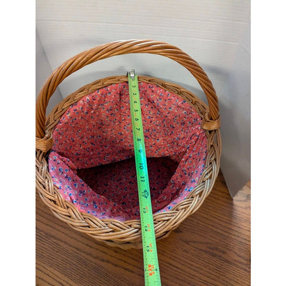 Vintage Woven Wicker Gathering Basket with Calico Drawstring Liner Sewing 18"