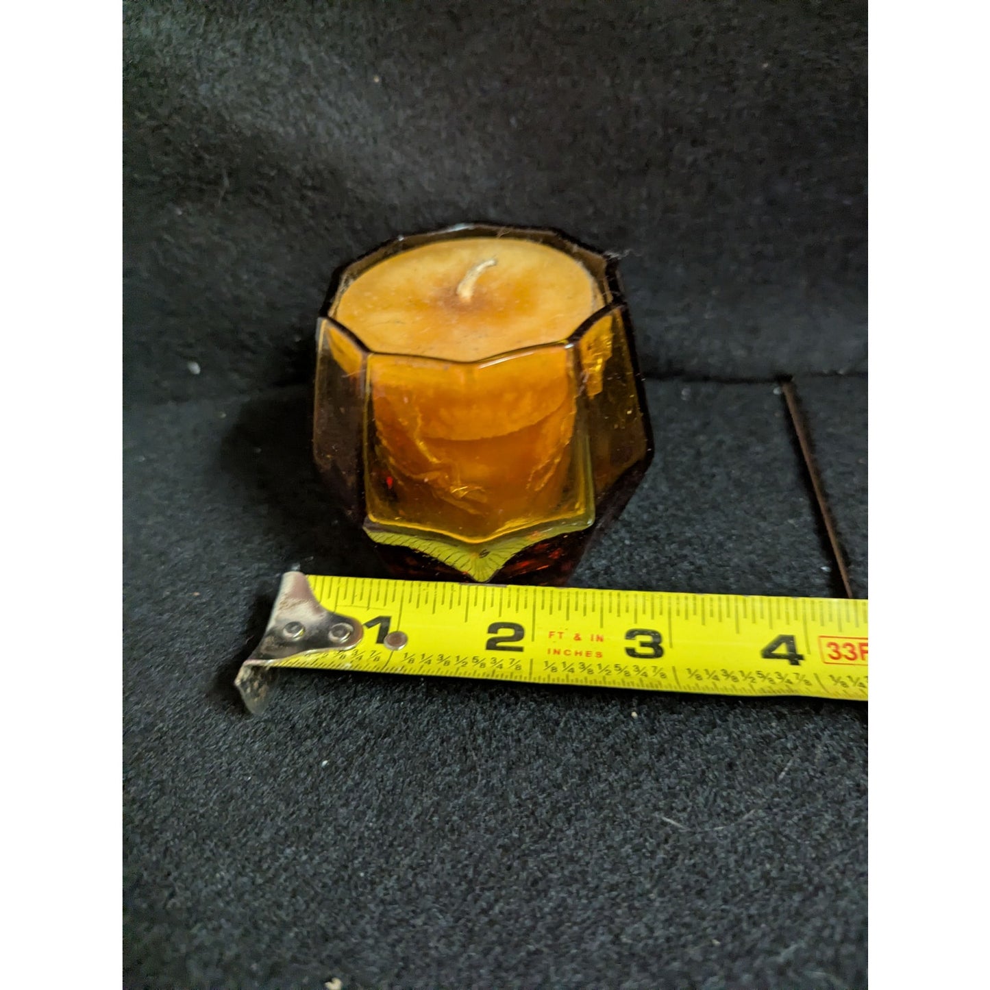 Vintage Amber Glass Votive Candle Holders with Orange Candles - Pair