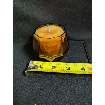 Vintage Amber Glass Votive Candle Holders with Orange Candles - Pair