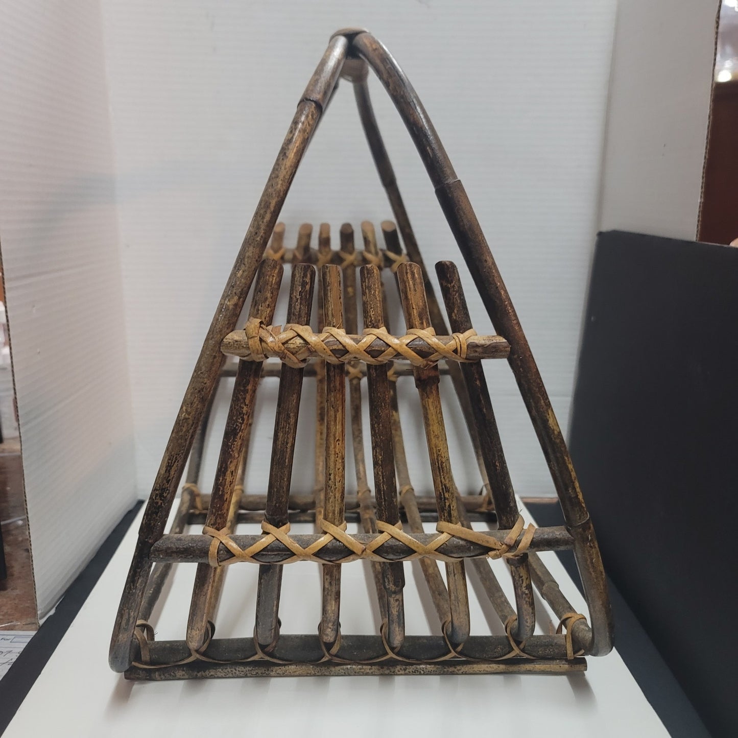 Vintage MCM wood Bamboo magazine rack large rattan wicker 17" tall catch all