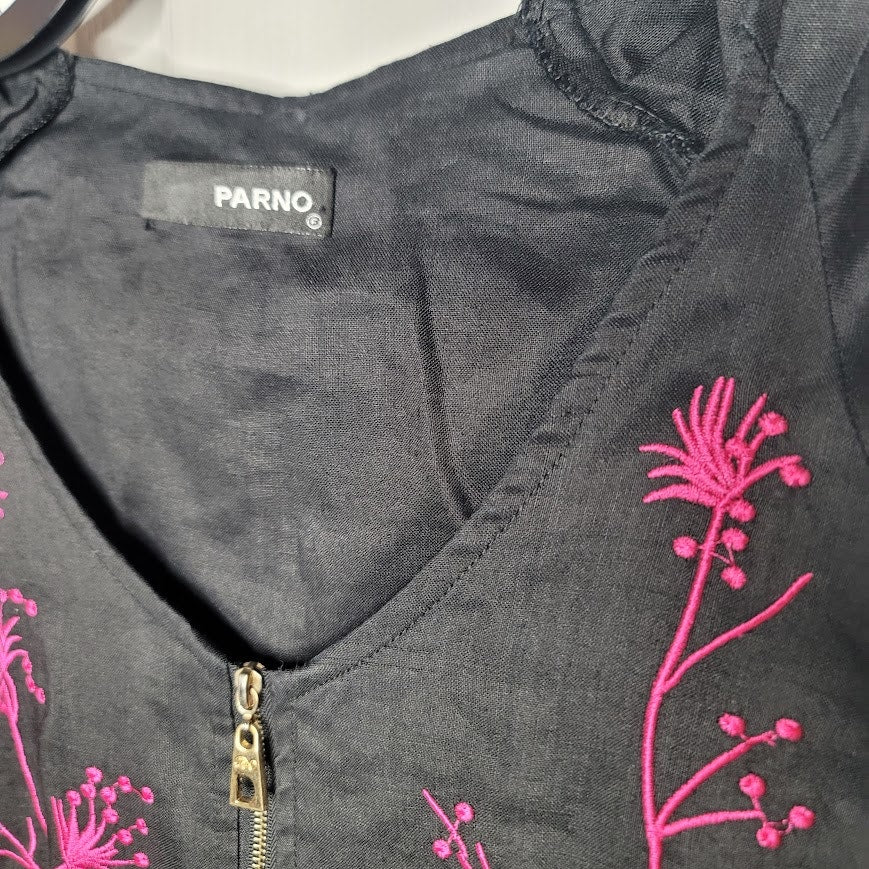 Parno Black Full Zip Tunic Black Pink Embroidery Floral Long Sleeve Medium