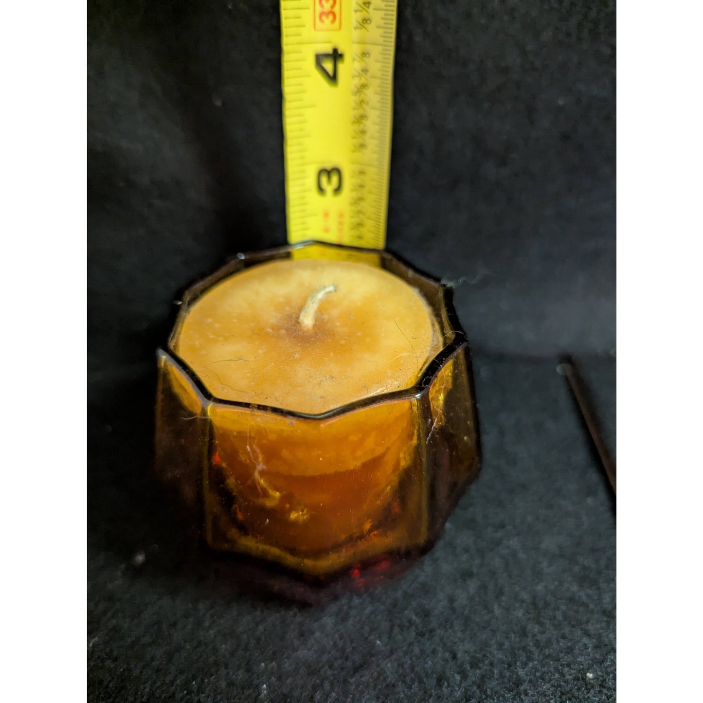 Vintage Amber Glass Votive Candle Holders with Orange Candles - Pair