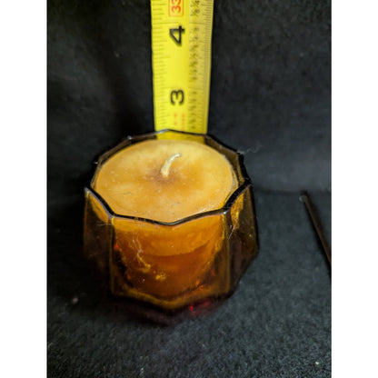 Vintage Amber Glass Votive Candle Holders with Orange Candles - Pair