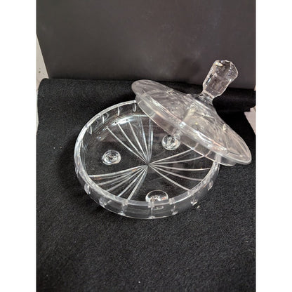 Vintage clear crystal lidded footed vanity powder bon bon candy dish cut pattern
