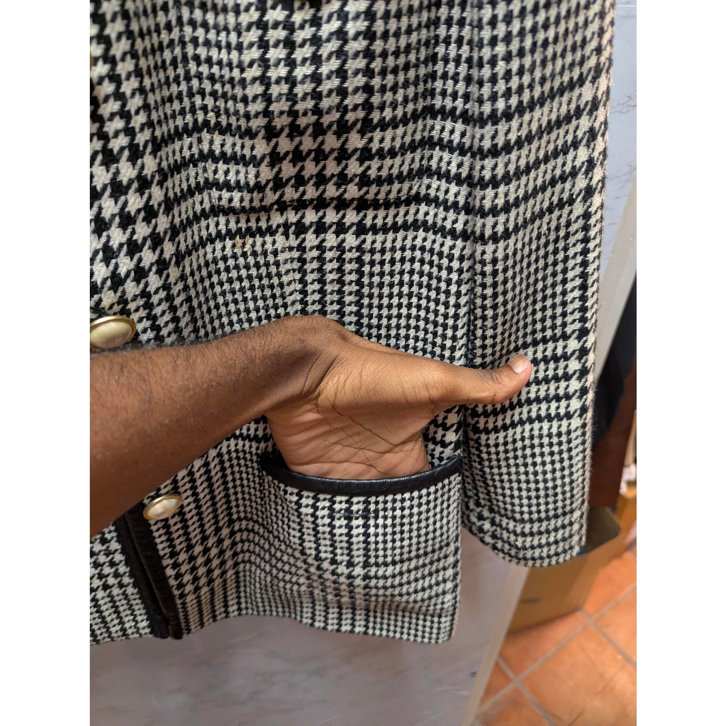 The Limited Plaid Wool Blend Blazer Faux Leather Trim Gold Button Vintage XS
