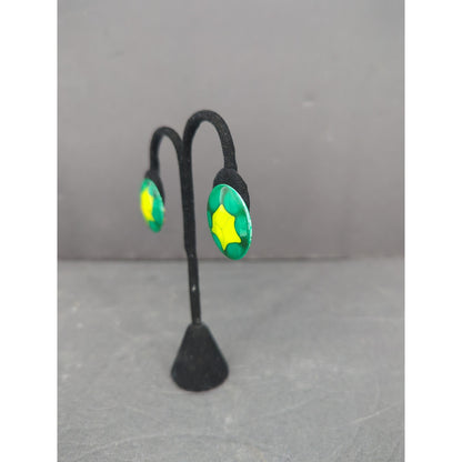 Vintage West Germany Hand Painted Enameled Metal Clip On Earrings Abstract