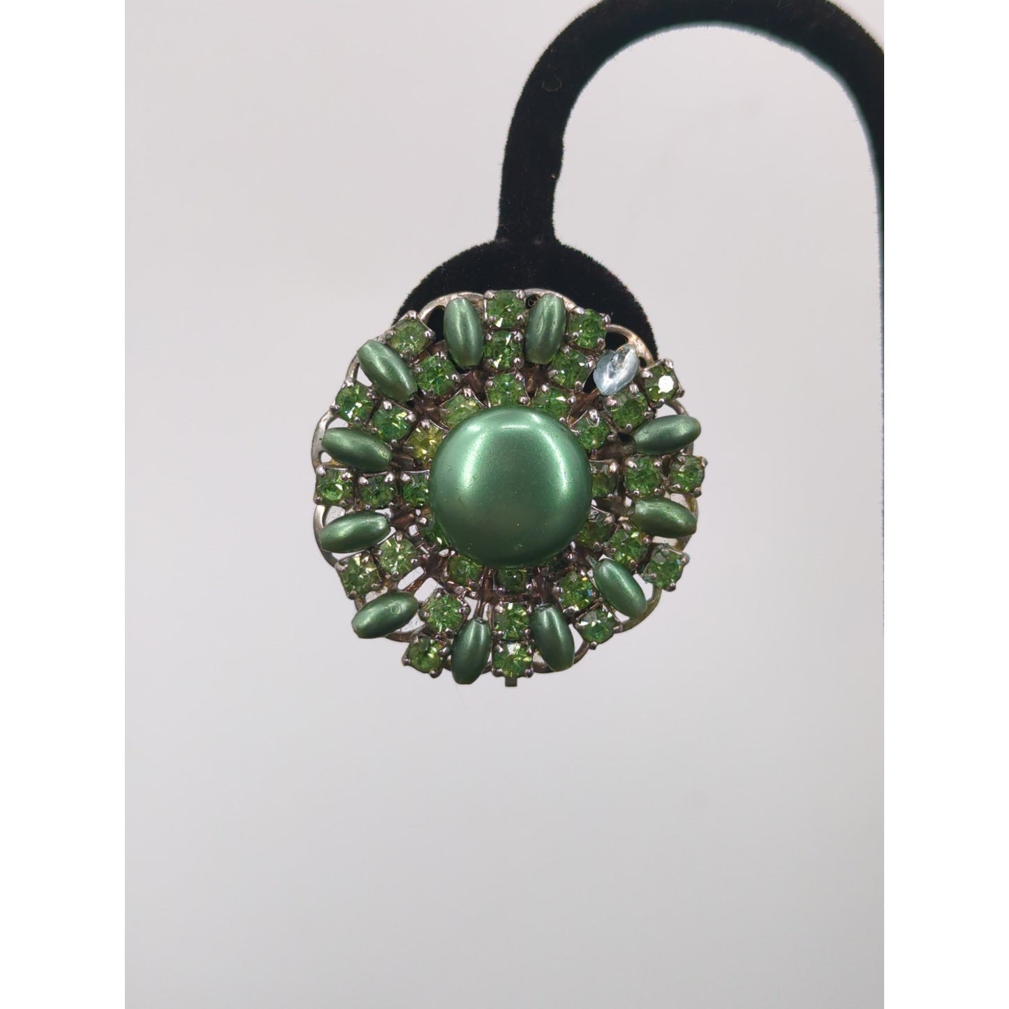 Vintage Sage Green Faux Pearl & Rhinestone Cluster Clip On Ethereal  Earrings