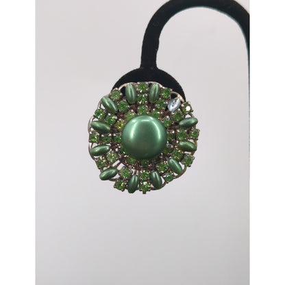 Vintage Sage Green Faux Pearl & Rhinestone Cluster Clip On Ethereal  Earrings