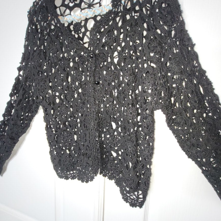 Chico's Black Crochet Open Front Cardigan Top Scalloped Edge Large / XL FESTIVAL