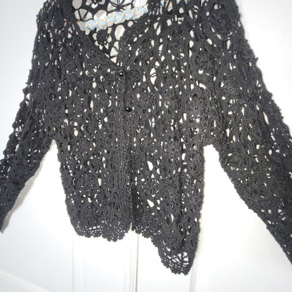 Chico's Black Crochet Open Front Cardigan Top Scalloped Edge Large / XL FESTIVAL