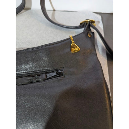 Brio! Vintage 80s Black Pebble Leather Crescent Hobo Shoulder Bag Gold Charm