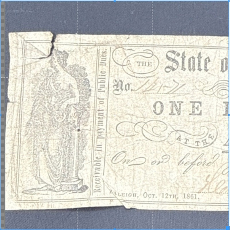 Currency Bank Note USA Paper Money State of North Carolina $1  Series 1861
