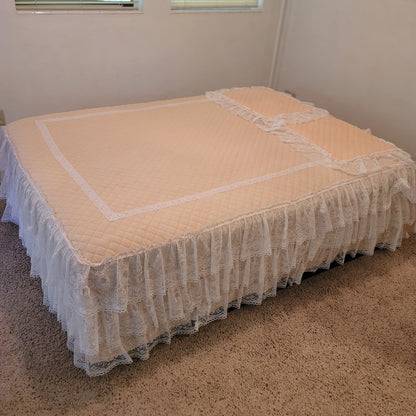 Vintage Peach double lace bottom skirt Coverlet & 2 matching Pillow shams queen