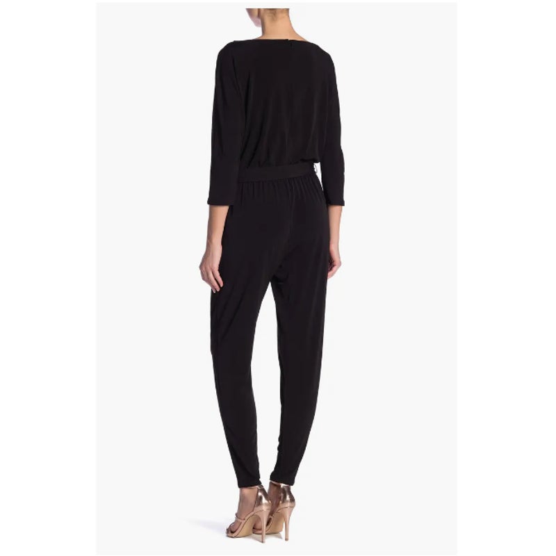 Three-Quarter Length Sleeve Waist Tie Jumpsuit Nina Leonard Black NEW Skinny