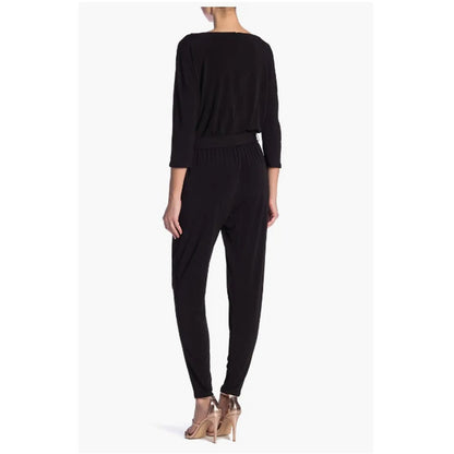 Three-Quarter Length Sleeve Waist Tie Jumpsuit Nina Leonard Black NEW Skinny