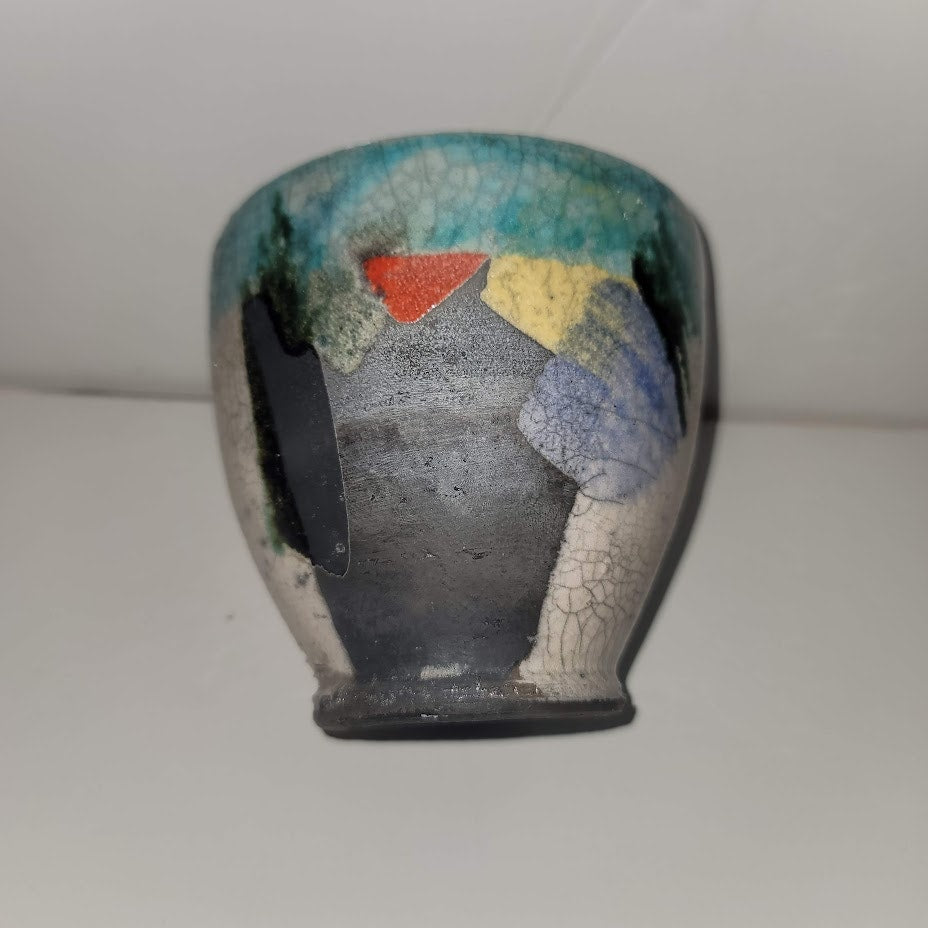 Handmade mini vase MCM cup 4" crazed underglaze Raku Studio Art Pottery Bowl