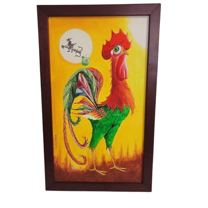 Hand painted Vibrant FOLKART Rooster w/ a runaway witch and broom Key Folk Gallo