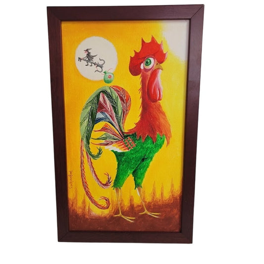 Hand painted Vibrant FOLKART Rooster w/ a runaway witch and broom Key Folk Gallo