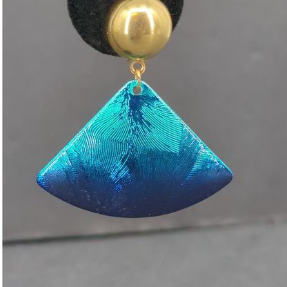 Vintage Vibrant Blue Textured Fan Triangle 1980sShield Clip On Dangle Earrings