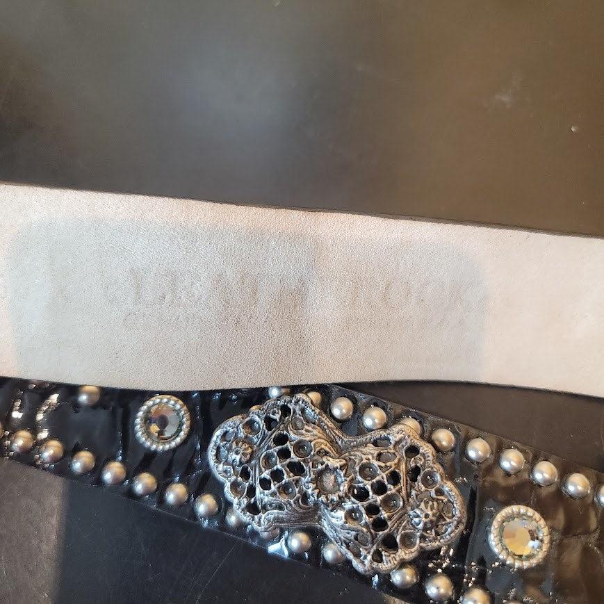 LeatherRock Genuine Leather Black Belt Silver Buckle Large 36 Studded Cross