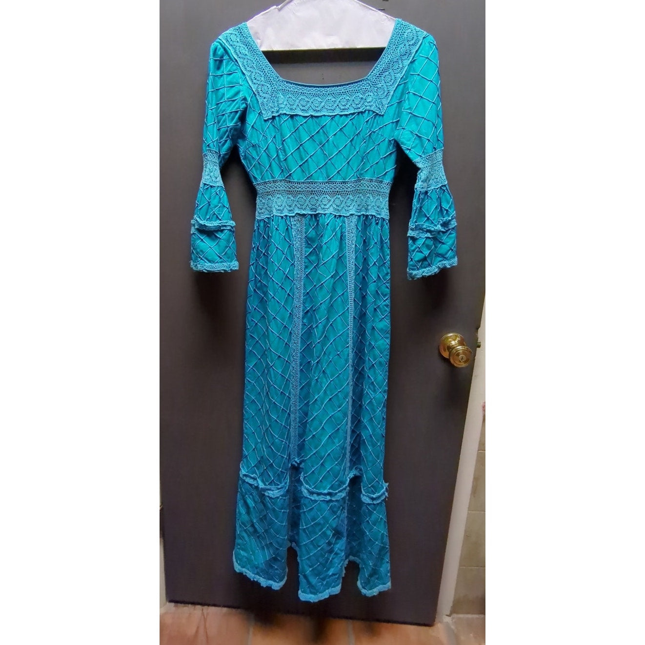 Vintage BOHO Teal Blue dress Maxi dress /Shawl Mexican Wedding Pintuck 2 pc Set