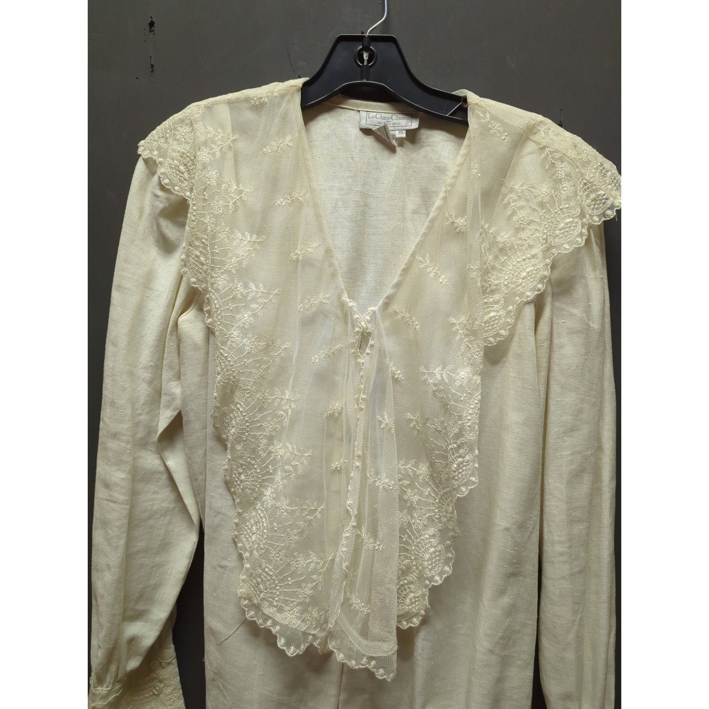 Le Chine Classic 10 Linen Lace Bib Victorian Blouse Cream Raw Hem boho Prairie
