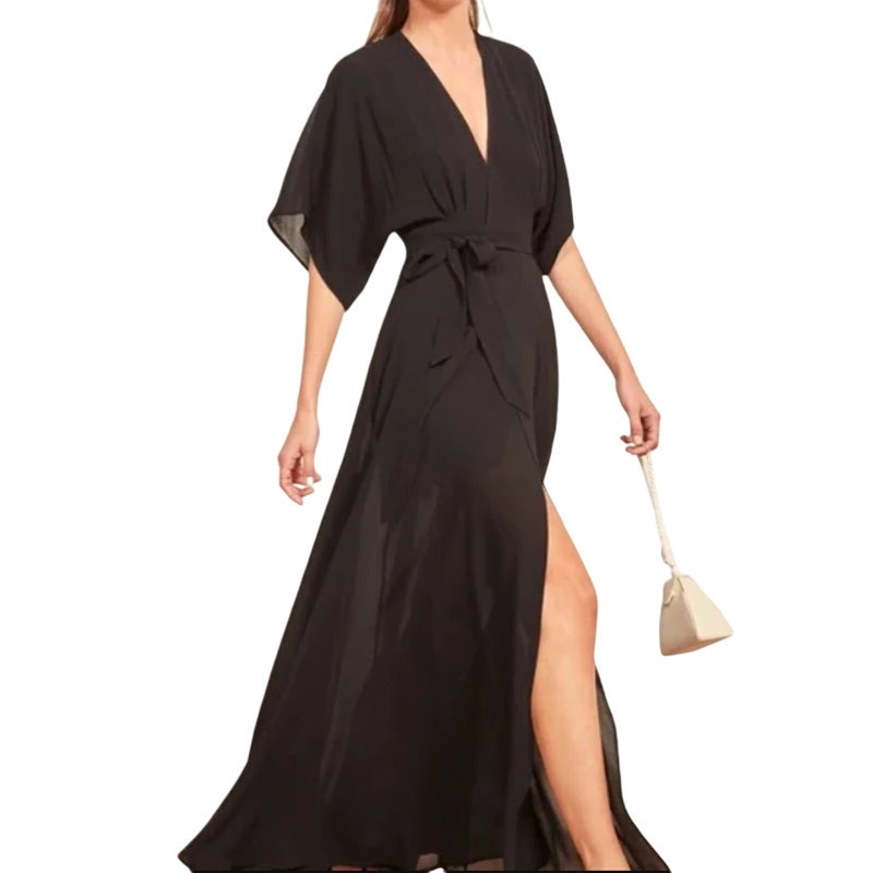 Reformation Winslow Black Wrap Maxi Dress XS NEW Sheer Flowy butterfly Sleeve