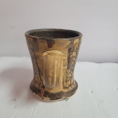 Handmade Brown whimsical coffee mug Clay encised art pottery organic