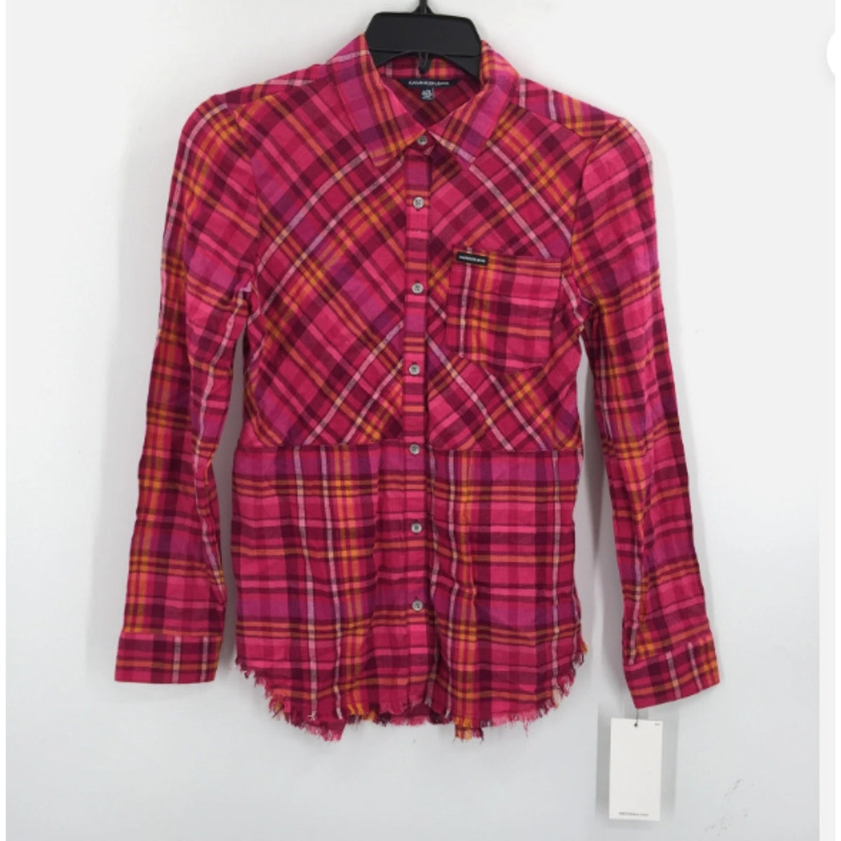 Distressed Jeans Button Up Shirt Extra Large/XL 16 Raspberry Plaid NWT Raw Hem