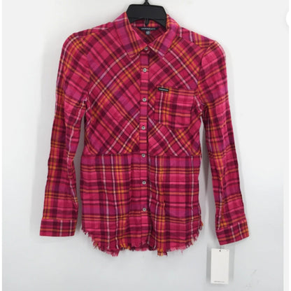 Distressed Jeans Button Up Shirt Extra Large/XL 16 Raspberry Plaid NWT Raw Hem