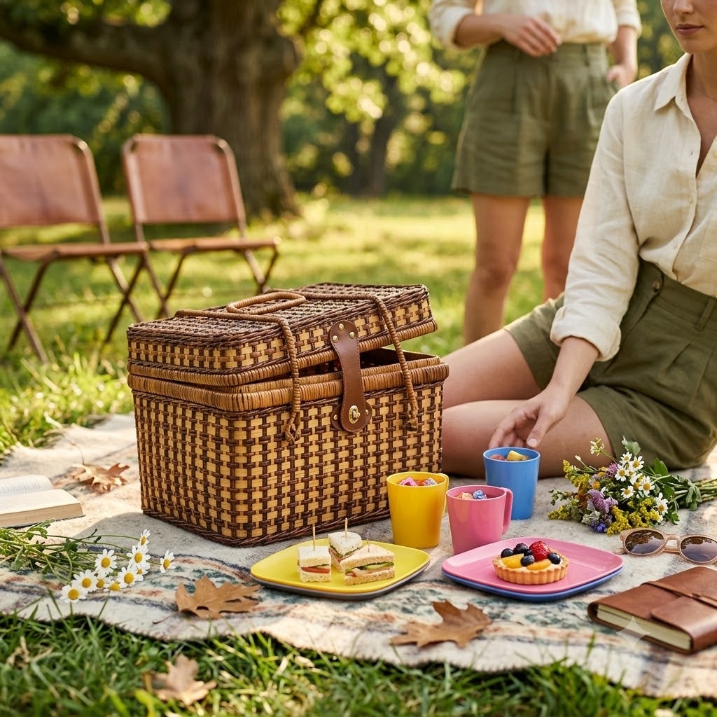 Vintage Woven Rattan Picnic Basket with Plastic Tableware Set