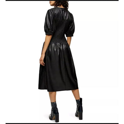 Topshop Smocked Faux Leather Puff Sleeve Midi Dress Black Size 10 NEW