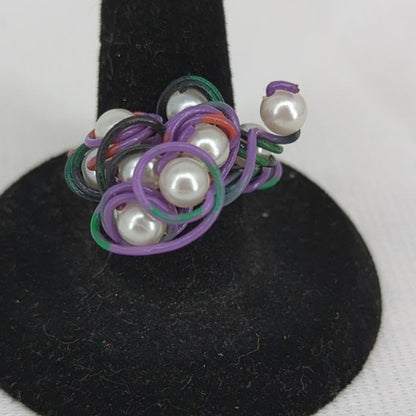 Size 7 Handmade Custom wire and pearl ring cluster Statement Telephone OOAK