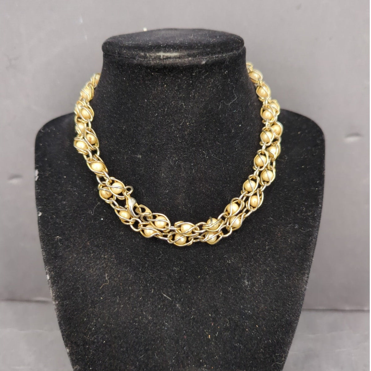 Vintage Gold Caged Faux Pearl Chunky Woven Chain Link Statement Collar Necklace