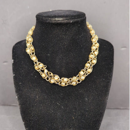 Vintage Gold Caged Faux Pearl Chunky Woven Chain Link Statement Collar Necklace