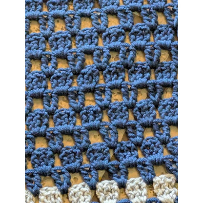 Handmade Dark Blue and Gray Crocheted Afghan throw w/ Fringe 84" x 64" Twin Bed