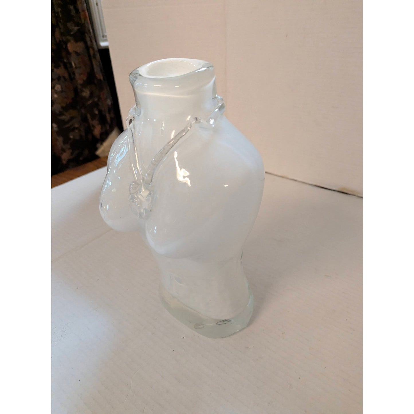Vintage Y2K Frosted Glass Female Bust Torso Vase Clear Necklace Statue 10"