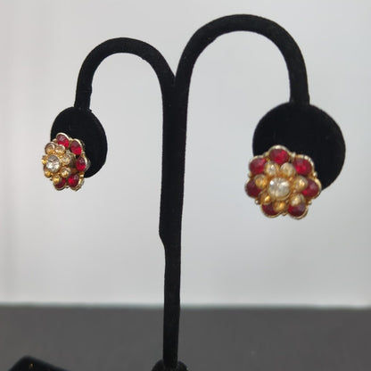 Vintage Ruby & Clear Rhinestone Floral Screw Back Earrings