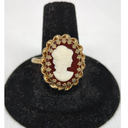 Vintage Gold Tone Cameo Red Resin Oval Ring Victorian Revival Statement Y2K