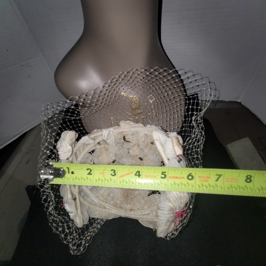 Vintage 1950s Cream Floral Birdcage Veil Pillbox Hat Sequins Rhinestones