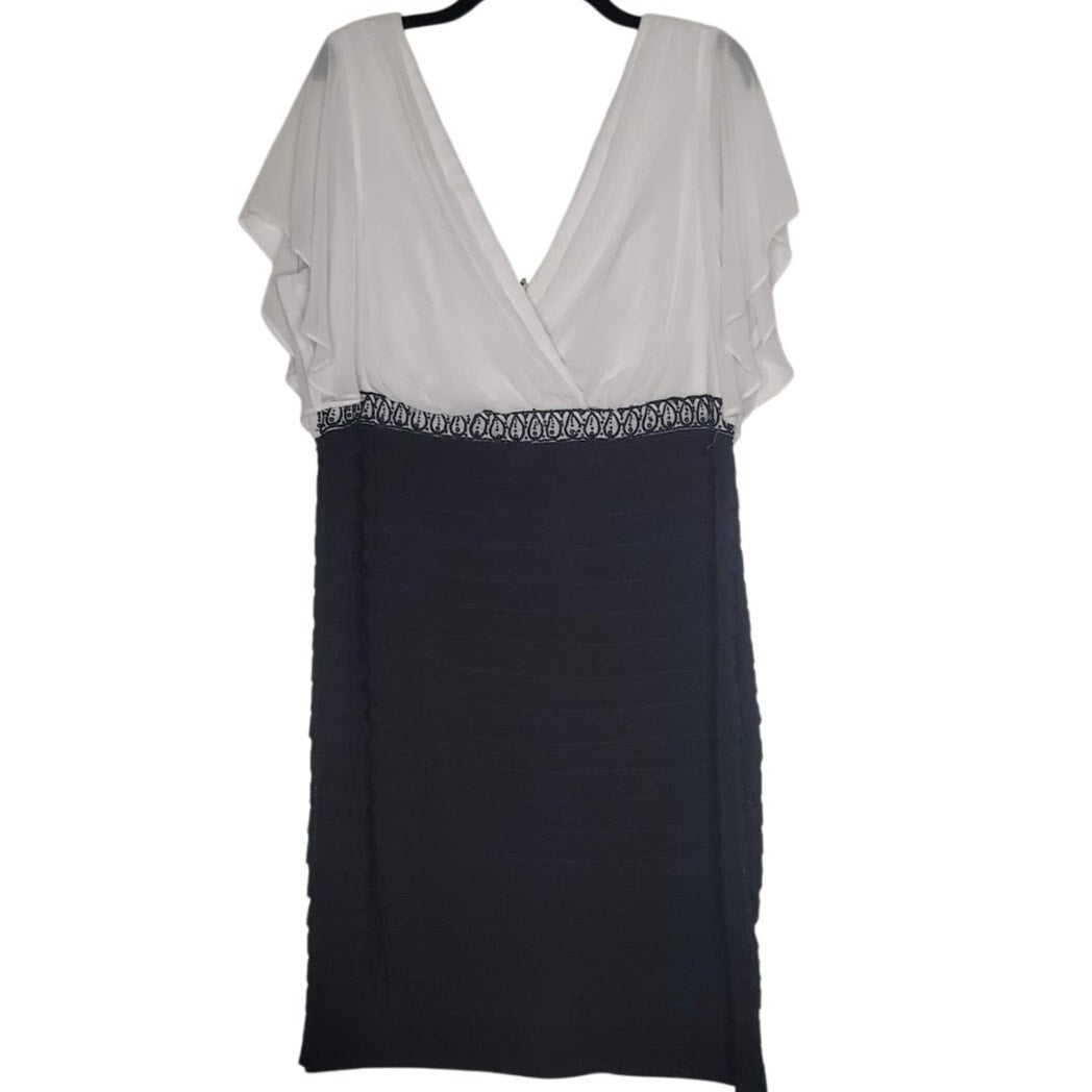 K. Jordan Women's Dress Flutter Sleeve V- Neck Black pleated White SZ 16W Career