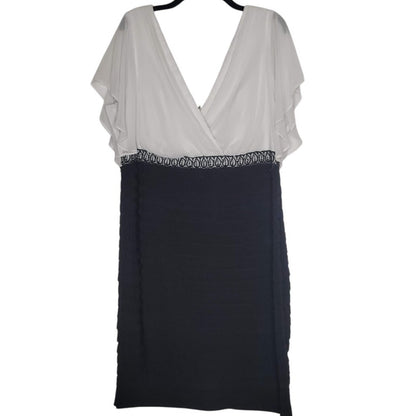 K. Jordan Women's Dress Flutter Sleeve V- Neck Black pleated White SZ 16W Career