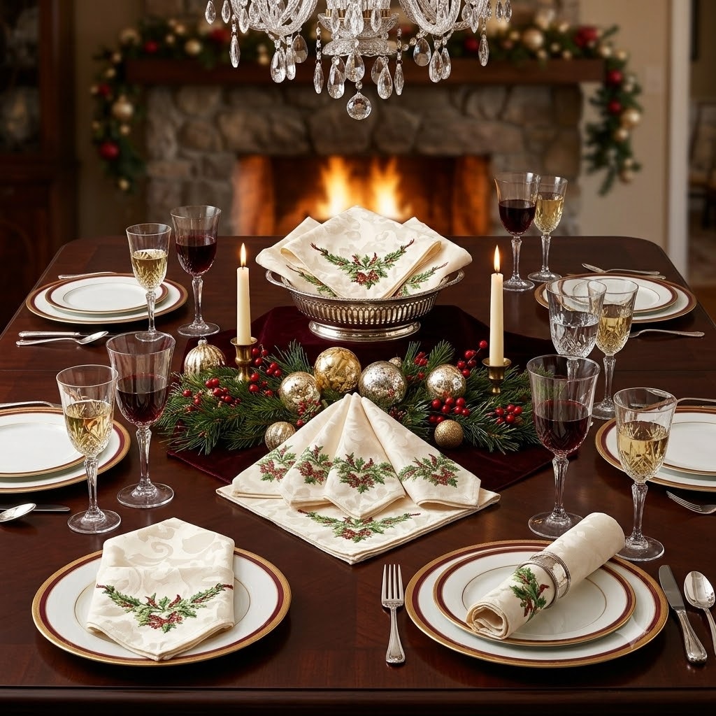 Vintage Set of 8 Christmas Holly Jacquard Cloth Napkin Tea Towel 18x18