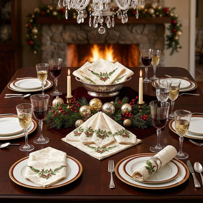 Vintage Set of 8 Christmas Holly Jacquard Cloth Napkin Tea Towel 18x18