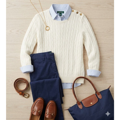 Lauren Ralph Lauren Cream Cable Knit Button Shoulder Sweater Medium Preppy Chic