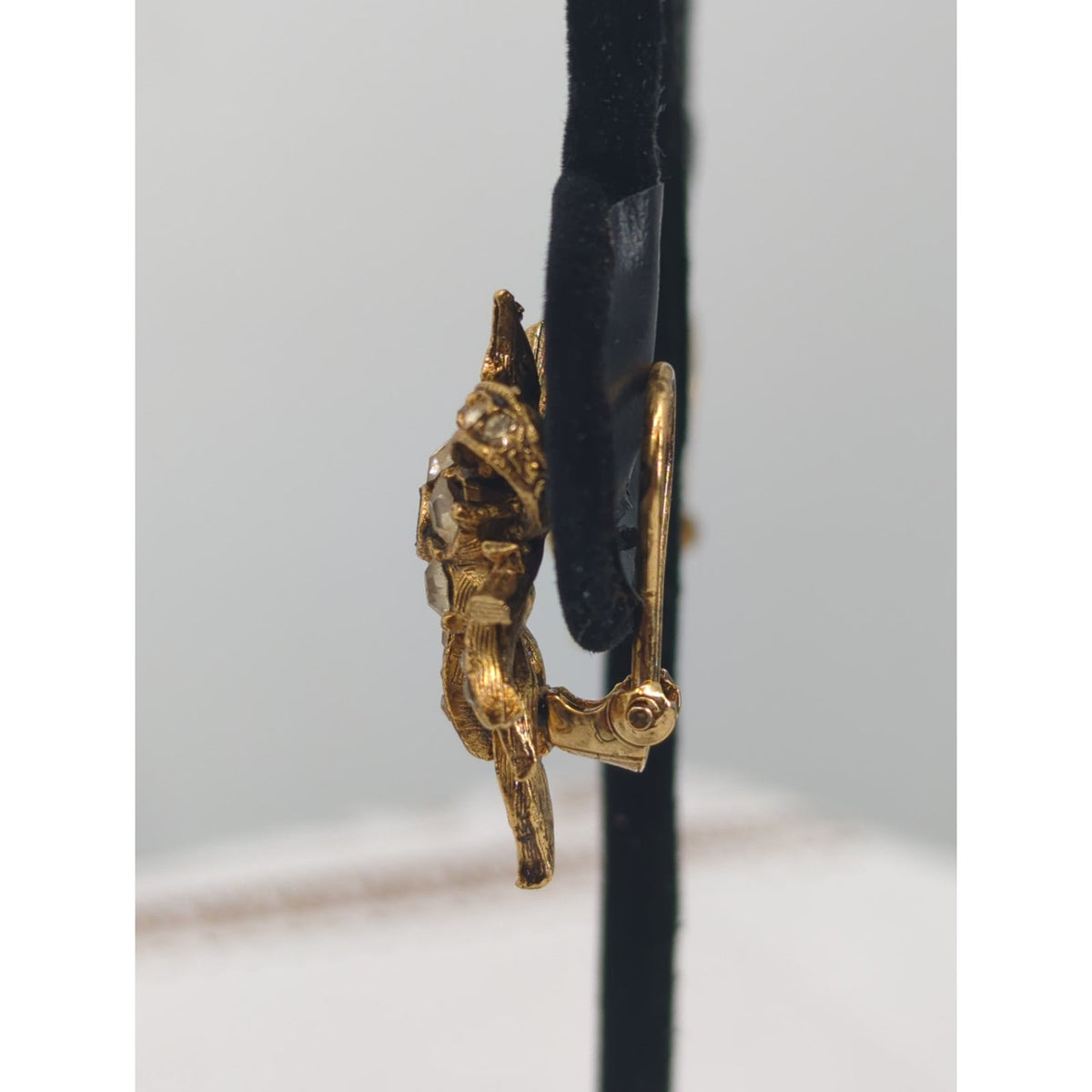 Vintage Gold Leaf Rhinestone Bow Clip On Earrings French Country Chic Statements