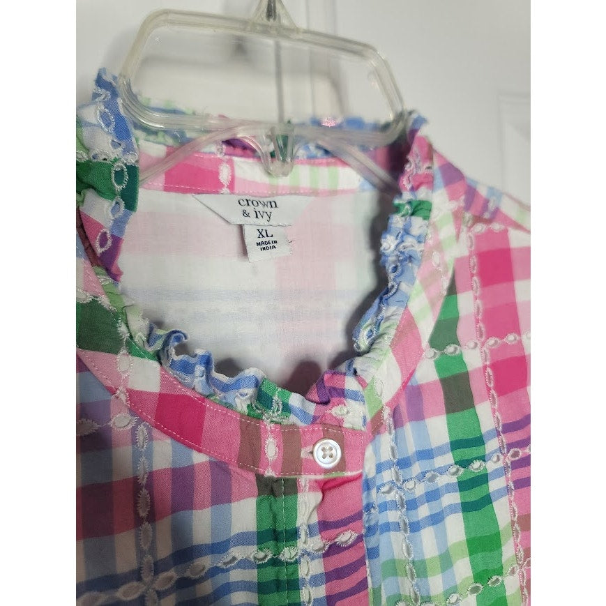 Crown & Ivy Plaid eyelet button up Dress Midi Size XL Pockets flutter sleeve